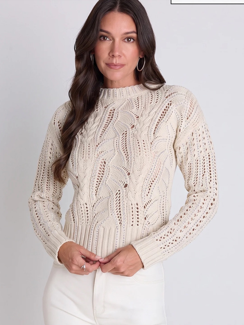 Noli Ivory Open-Knit Cable Crewneck Sweater